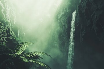 Verdant waterfall cascading through a misty jungle canyon.
