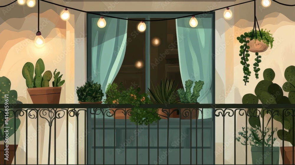 Poster illuminated balcony with greenery and string lights.