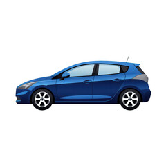 A sleek blue hatchback car parked on a street, showcasing its modern design, with trees lining the background under a clear blue sky , isolated on white or transparent png