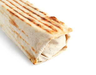 Tasty shawarma on white background