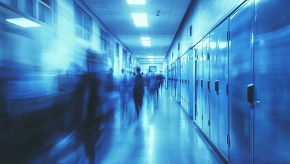 Long, empty high school hallway with lockers, blurred focus for motion and speed, airbrushed digital art style with soft blue hue, students' blurry silhouettes moving fast into lockers, 
