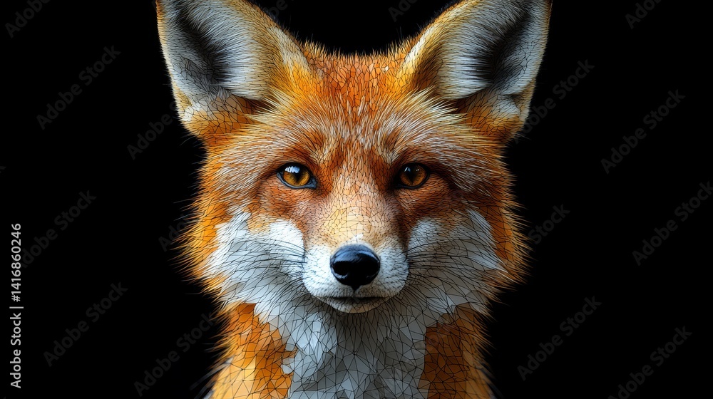 Poster fox portrait in digital art on dark backdrop showcasing texture and detail highlighting its features