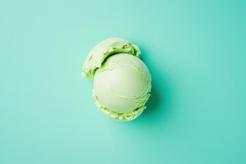 A vibrant image capturing a refreshing scoop of smooth, light green ice cream atop a coordinating mint green background, isolated.
