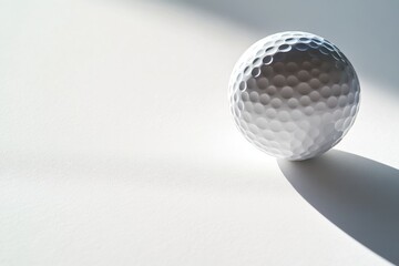 Close-up of a dimpled white ball casting a long shadow on a plain white surface, creating contrast and highlighting texture.
