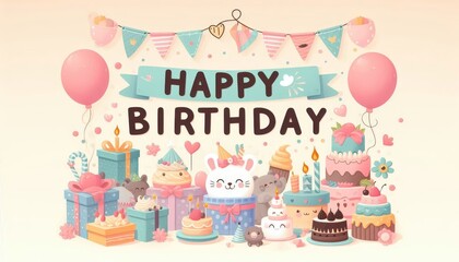 Happy Birthday - Message, Card, Wallpaper or Social Post for Wishing a Very Happy Birthday - Decorated with Festive Elements and a Cake - Elegant, Cute or Colorful