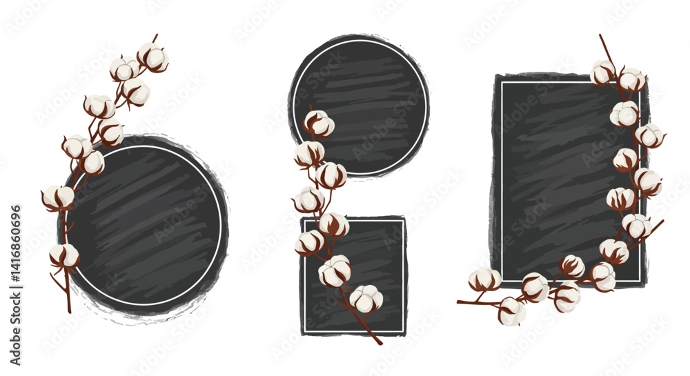 Poster cotton plant branches with round and rectangular black chalkboard frames minimal design vector illus