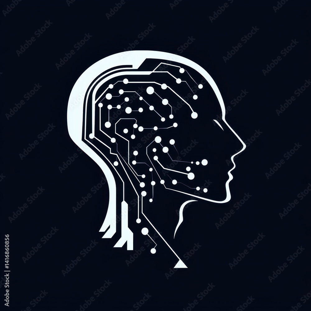 Poster artificial intelligence head profile with circuit board design on dark background