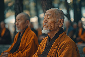 Naklejka premium Buddhism concept Generative AI picture with people doing yoga in nature feel connection with buddha