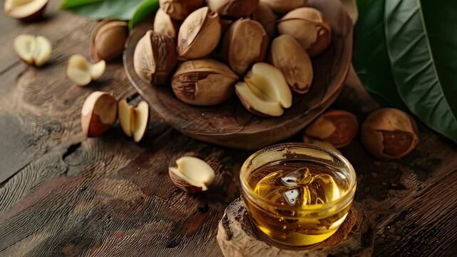 Brazil nut essential oil close-up. Selective focus