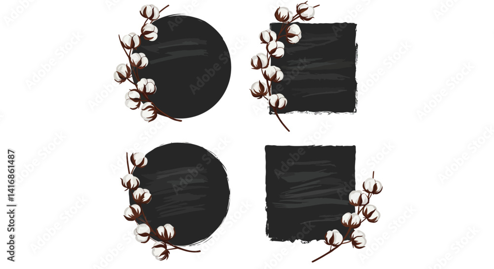 Aufkleber cotton flower branches with black textured circle and square frames minimal flat design vector illus