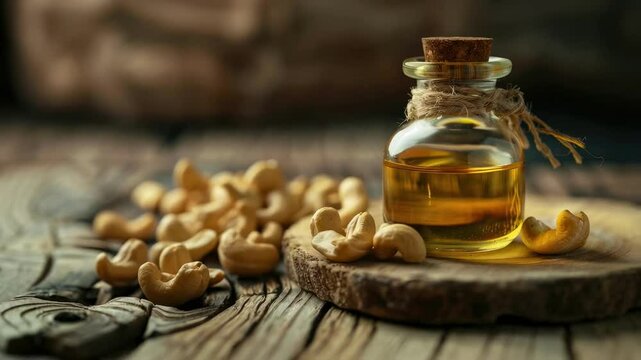 cashew essential oil close-up. Selective focus
