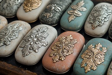 Ornate, decorative eyeglasses cases in various pastel tones.