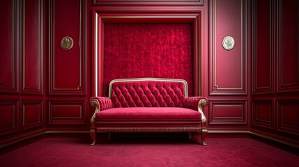Red velvet chaise lounge in a rich, ornate room.