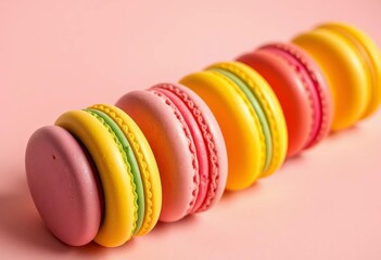 Vibrant macarons arranged in a row on a pastel background ,  sweet food,  vibrant colors