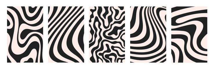 Abstract set vertical backgrounds with dynamic waves. Trendy vector illustration in style retro 60s, 70s.	Beige and black colors
