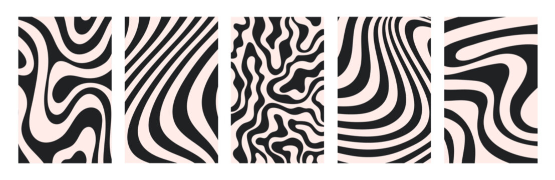 Abstract set vertical backgrounds with dynamic waves. Trendy vector illustration in style retro 60s, 70s.	Beige and black colors
