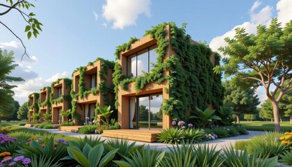 Fototapeta premium Modern eco-friendly buildings surrounded by lush greenery and vibrant plants.