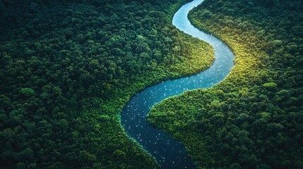Aerial view of pristine river meandering through vibrant rainforest canopy
