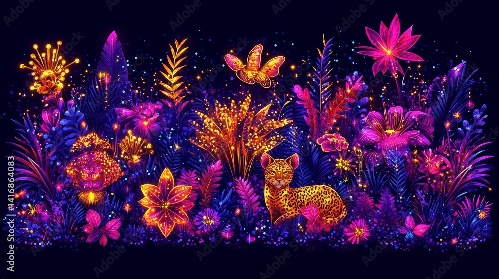 Poster luminous botanical wonderland with glowing neon flora and subtle animal forms creating an ethereal a