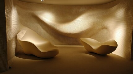 Organic shapes in furniture offset by linear tile mural behind