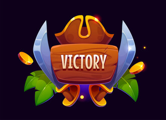 Pirate game victory award icon, ui asset with sabers, tricorn hat, gold coins, green leaves and wooden sign. Cartoon vector pop up interface menu banner for winner achievements, gaming reward trophy