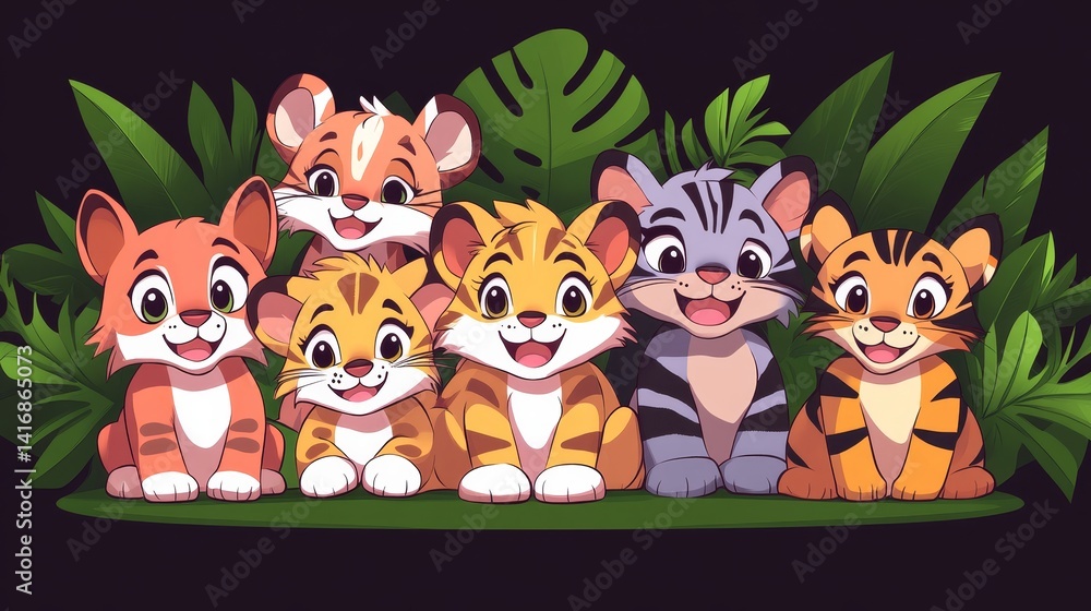 Poster a pixelated assemblage of animated tiger cubs amidst verdant foliage evoking nostalgia and whimsy in