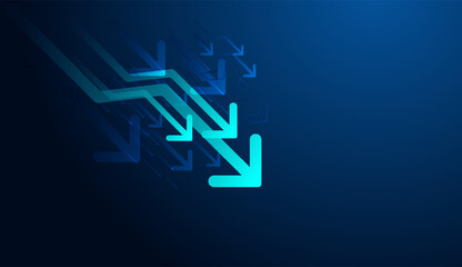 Bold blue arrow leading down trend, a representing business fall down, technological progress, and falling down arrows of momentum, vector illustration © Paradox-D