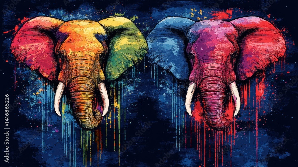 Poster abstract chromatic parade of elephants with dripping watercolors and textured backgrounds adding fan