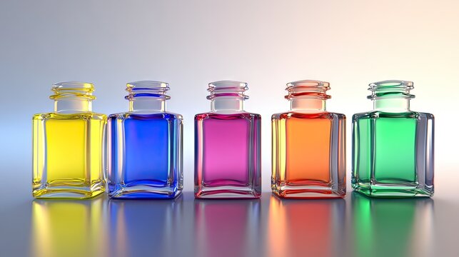 Set of Squart bottles in primary colors on reflective surface