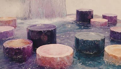 Multicolored cylindrical structures immersed in a flowing water feature.