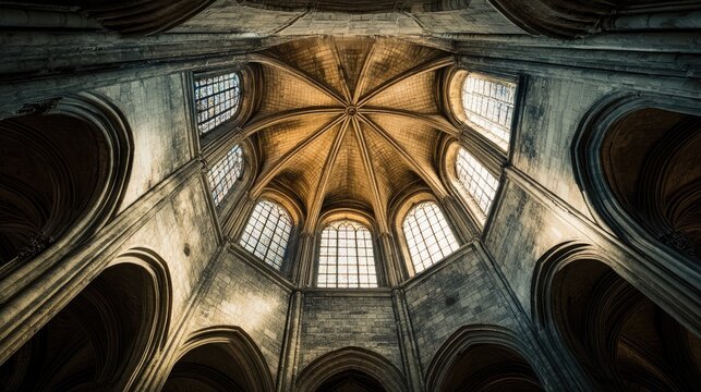 Magnificent interior of an ancient cathedral with arched architecture