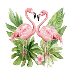 Obraz premium Flamingos embracing tropical oasis watercolor artwork transparent background lush environment