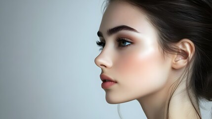 Fototapeta premium Studio profile shot of a beautiful woman. Concept: feminine beauty, elegance and portrait photography. used in fashion, cosmetic products, beauty or personal branding contexts.