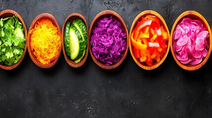 Colorful selection of chopped vegetables in wooden bowls.