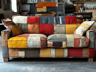 Intricate patchwork sofa with bold color scheme.