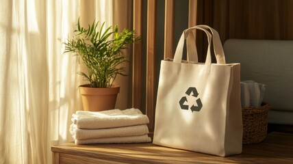 Eco-friendly living, reusable bag and indoor plant in sunlit room. Eco-friendly fabric bag on the beach