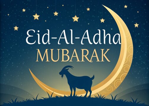 Eid Al-Adha Mubarak Greeting with Silhouette Goat and Crescent Moon