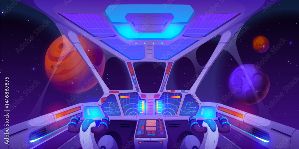 Aufkleber spaceship cockpit interior, control panel dashboard with glowing buttons and panoramic space view wi