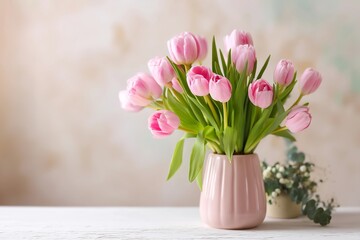 Fototapeta premium Bouquet of pink tulips in a vase on a white wooden table background with copy space for text or
