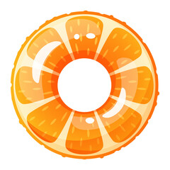 Inflatable swimming circle in the form of an orange slice. Bright lifebuoy, inflatable toy float. Summer accessory for swimming on the beach, in the pool. Vector cartoon illustration.