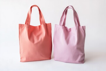 Two tote bags are displayed against a plain white background. One is peach-colored, while the other is a soft lavender color.