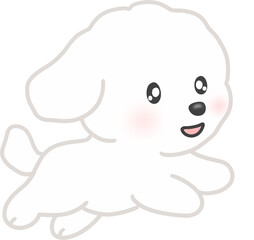 Running white cartoon puppy with happy face, kawaii illustration