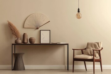 A minimalist living room with a wooden console table, a comfortable armchair, a fan, dried flowers, and a hanging lightbulb