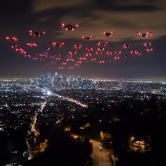 Obraz premium Drone swarm synchronization los angeles light show urban sky aerial view dazzling display
