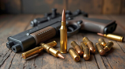 brass-cased bullets with copper-colored tips lie in front of a blurred black rifle on a wooden surface