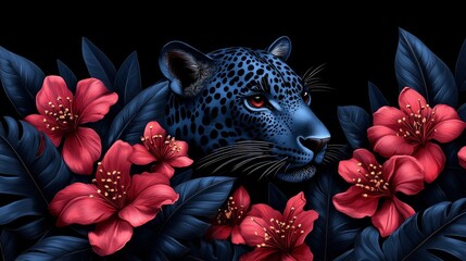 Atrractive jungle backdrop featuring a shadowy panther in a serene setting amongst vivid floral displays with dark foliage perfect for projects