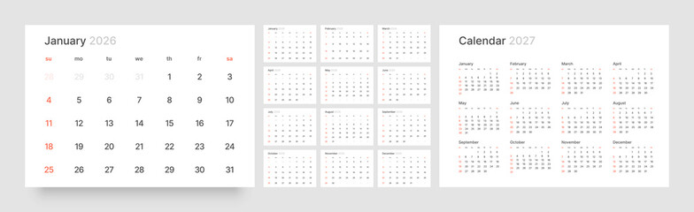 Monthly calendar layout for 2026 year. Diary planner for 2026 year. Week Starts on Sunday. 