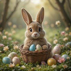 Easter bunny holding colorful eggs in a basket on green grass.