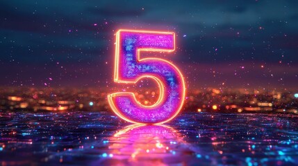 Neon glowing number five on a futuristic cityscape background