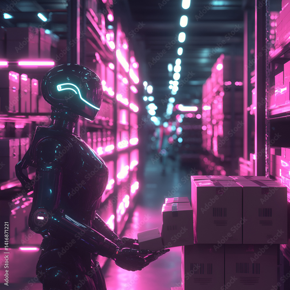 Aufkleber ai robot sorting packages neonlit logistics center digital art futuristic environment inside perspec
